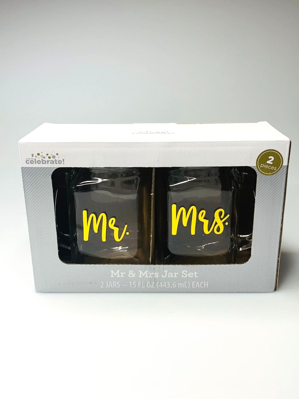 Way to Celebrate Mr & Mrs Jar Set, Clear Glass Jar Mugs with Handles, 15 fl oz